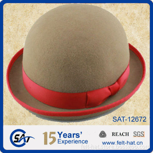 wool felt bowler hat with red ribbon